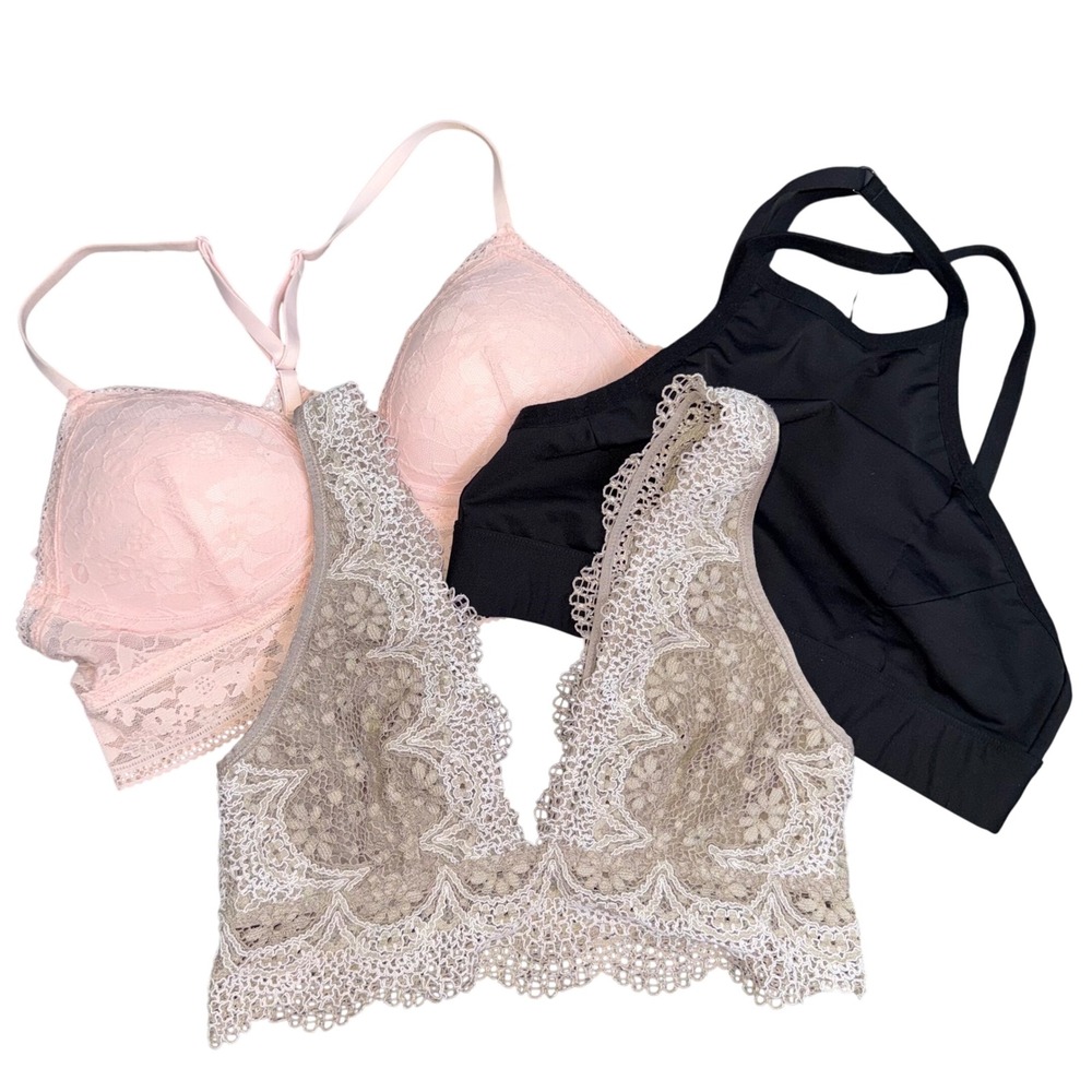 Victoria's Secret PINK Bralette Bundle Lot of 3 Lace High Neck Pink Black Medium